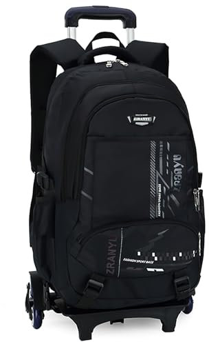 Schulranzen mit Rollen Jungen Grand Rucksack Trolley Kinder Schultasche mit Rollen Teens Trolley Schulranzen Computertasche Männer Schwarz 33x21x52cm