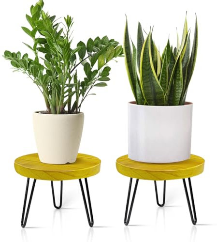 Plant Stand Indoor Outdoor, Wooden plant Stool, Mid Century Plant Stand for Indoor Plants, Wood Modern Plant Holder Rattan Flower, Low Short Boho Rustic Planter Stand Fit 5-15 Inch Pot(M, L)