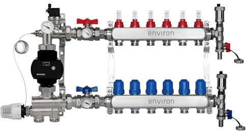 ENVIRON- Heizkreisverteiler [2-12 Heizkreise] mit Festwertregelset, Kugelhahn Set und Schnellentlüfter Set | Hocheffizienzpumpe (Environ Ecocirc 25/6, 6 Heizkreise)