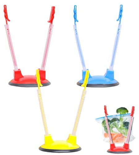 Freezer Bag Stand, 3-Pack Multicolor Set, Sturdy Plastic Freezer Bag Holder for Kitchen & Commercial Use, Adjustable Arms, Ideal for Food Prep Bags, Sandwich Bags, and Meal Storage