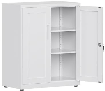 LVSTEEL Aktenschrank, abschließbarer Mehrzweckschrank mit 2 höhenverstellbaren Einlegeböden, Stahl-Büroschrank mit 2 Türen, Weiß, 91.5×75×40 cm