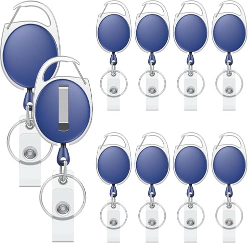 Uniclife 10 Pack Retractable Badge Reel for Badge Holder Blue Heavy Duty Retractable Keychain Strong ABS Casing with Stainless Steel Spring Coil 61 cm Nylon Rope Carabiner Clip and Key Ring