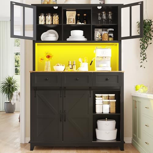 LAKFEW Küchenschrank mit Arbeitsplatte und LED-Beleuchtung, Buffetschrank Küchenschränke mit Verstellbaren Ablagen, Küchenbuffet mit 2 Türen und 3 Schubladen, Küchenmöbel, 105x38.4x180, Schwarz
