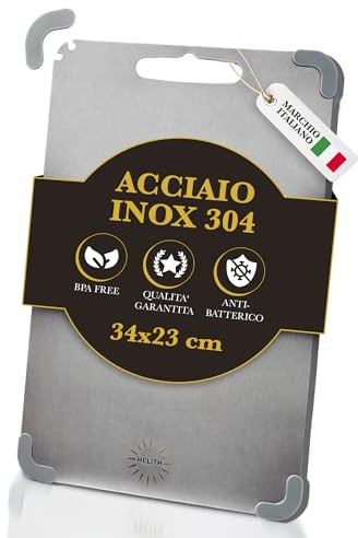 HELITH Tagliere Acciaio Inox 304 Alimentare 34x23 cm,Tagliere da Cucina Antiscivolo con Gommini, Lavabile in Lavastoviglie, Igienico per Carne, Pesce e Verdure