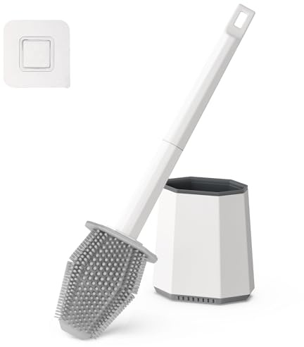 Euqvunn Silicone Toilet Brush & Holders, Toilet Cleaner Brush Set Wall Mounted, Deep Cleaner Loo Brush with Dual-sided Head and Long Plastic Handle, Quick Drying Anti-drip Bathroom Accessories (White)