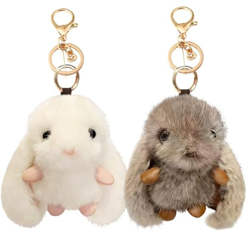 2 Pièces Porte-Clés de Lapin Moelleux,Lapin Peluche Pompon,Porte-clés Lapin Kawaii pour Pendentif de Sac à Main Clé de Voiture Accessoires Décoration