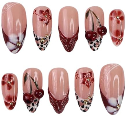 MIRKUZI Press-on False Nails, 30-teiliges Set künstliche Fingernägel zum Aufkleben, rote French Manicure, kurzes Design, mit 3D-Goldperlen, mandelförmige künstliche Fingernägel, Acryl-Klebestreifen