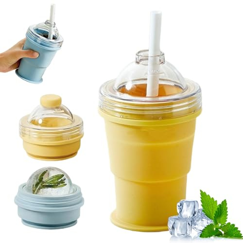 2-in-1 Collapsible Silicone Ice Ball Maker Cup, Reusable Portable Ice Sphere Mold with Leakproof Lid and Straw, Foldable Travel Tumbler for Iced Coffee, Juice, Gym, Camping and Outdoor Use (Yellow)