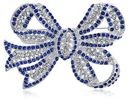 Grande Broche Épingle D'Écharpe En Forme De Nœud Ruban Filigrané Avec Cristaux Scintillants Pour Mariage D'Hiver Mode Nuptiale Grande Déclaration Bleu Royal Blanc Pour Femmes Plaqué Argent