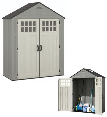 Suncast Everett 6x3 ft Vertical Storage Shed - Resin Outdoor Garden Shed with Floor, Windows, Skylight & Lockable Double Doors. Slim Yard Storage for Utility Tools & Backyard Equipment