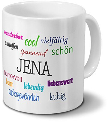 digital print Städtetasse JENA - Motiv Positive Eigenschaften - Stadt-Tasse, Kaffeebecher, Mug, Becher, Kaffeetasse - Farbe Weiß
