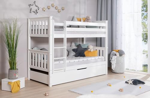 TiCAA Etagenbett, Kinderbett, Stockbett Funktionsbett für Kinder mit Treppe & Zwei Liegeflächen teilbar aus Kiefer Massivholz Weiß Bettgestell 90 x 200