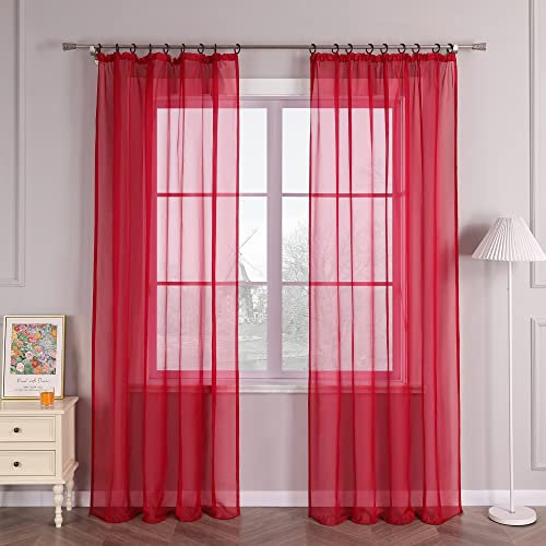 HongYa 1er-Pack Uni Gardine Transparenter Voile Schal Vorhang mit Kräuselband H/B 270/145 cm Rot