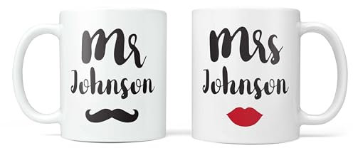 NOT JUST A PRINT Personalised Wedding Gift – Mr & Mrs, Mr & Mr, Mrs & Mrs Mug with Moustache & Red Lips Design