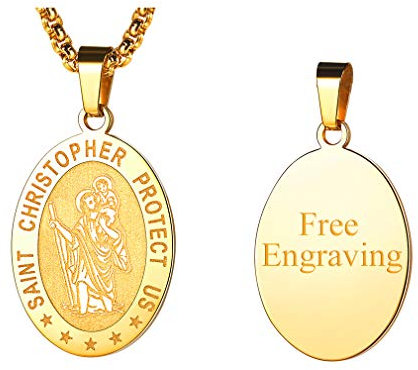 FaithHeart Collier Pendentif Or Personnalisable Prénom Gravé-Médaille Saint Christophe en Acier Inoxydable-Médaillon Saints Patrons Chrétienne avec Chaîne 55+5 cm Bijoux Porte Bonheur Hommes Femmes