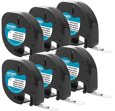 DYMO Authentic LT Plastic Labeling Tape for LetraTag Label Makers, 1/2 (12mm), Black Print On White Tape, 6-Pack
