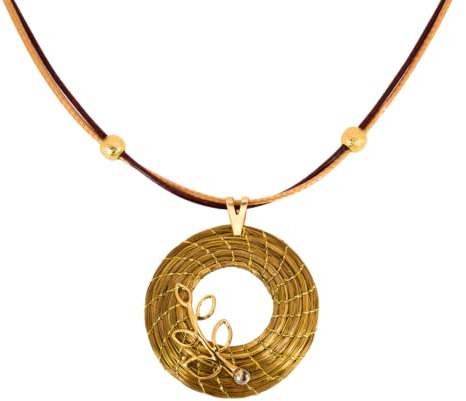 VERA NAVARRO - Collana con Pendente Mandala Aperto Dorato in Oro Vegetale Ø 30 mm - Catena Doppio Filo Cerato 42 cm con Abbellimenti - 100% Naturale Fatto a Mano
