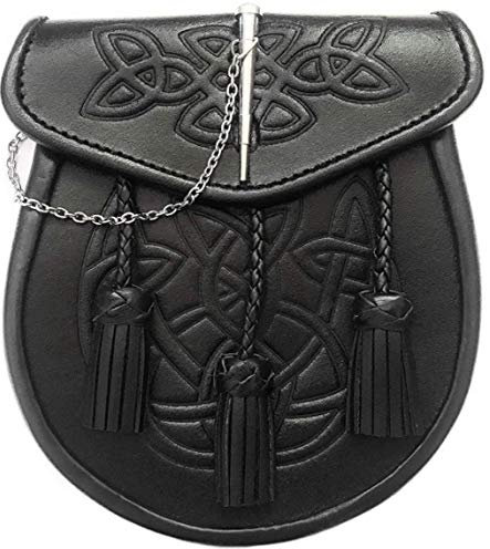 Pin's pour kilt Sporran, rabat celtique en relief, cuir noir avec chaîne ceinture STRZ-014, Noir , M