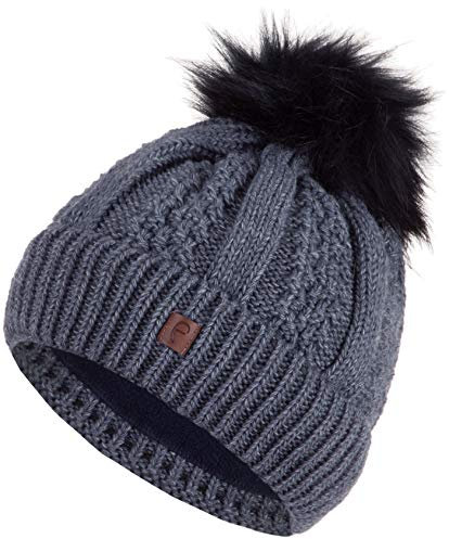Faera Wintermütze Mütze Damen warm gefüttert Kunstfell Bommelmütze Zopf-Strickmuster Fleecefutter Bommel Winter Herbst Strickmütze Beanie Mädchen 61, Farbe:Blau