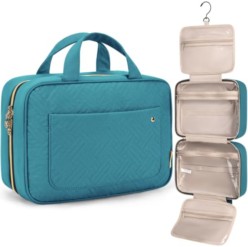 BAGSMART Hanging Travel Toiletry Bag 360° Hook for Full Size Bottle, Large | Women's Wash Bag & Makeup Toiletries Organiser, Large Capacity Travel Holiday Accessories, Lake Blue