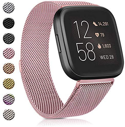 Amzpas Armbänder kompatibel mit Fitbit Versa 2 / Versa SE / Versa Lite / Versa, atmungsaktives Edelstahl-Mesh-Armband, magnetisch, verstellbar, für Damen und Herren, Größe S, Rosa, S, Edelstahl, Kein
