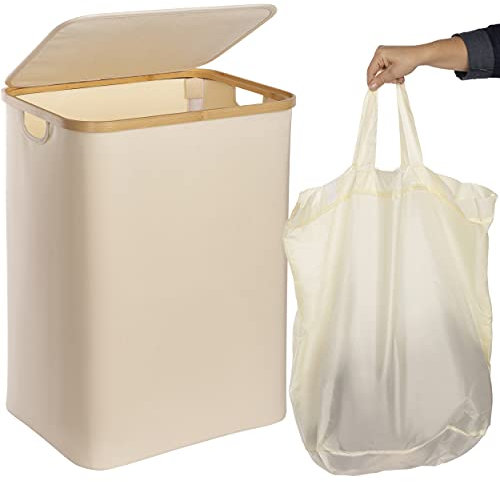 ONVAYA® Wäschekorb mit Deckel | 70 Liter | Beige | Wäschesammler fürs Badezimmer | Wäschetruhe aus Bambus-Holz & Oxford-Stoff | Design Wäschebox | Wäschesortierer