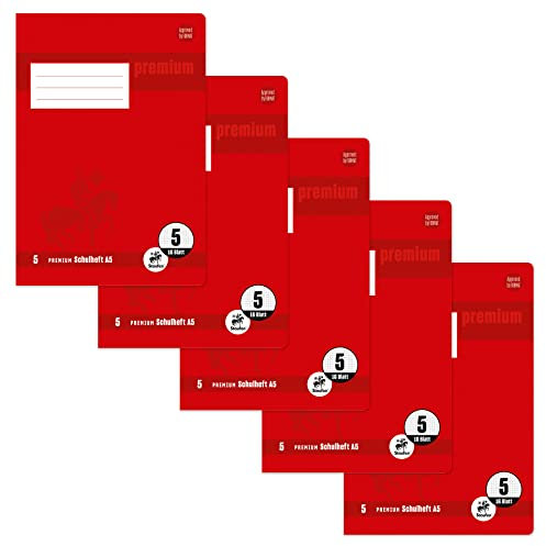 Staufen Premium Schulheft - DIN A5, Lineatur 5 (5mm kariert), 16 Blatt, 90g/m² Premium Papier, 5 Stück