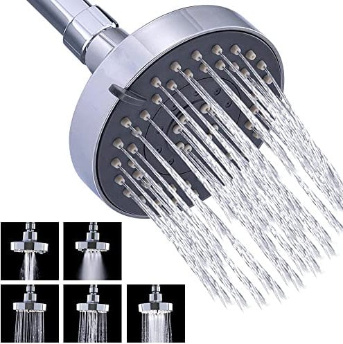 WANTOUTH Duschkopf 10cm Durchmesser 5 Strahlarten Regenduschkopf Wassersparende G1/2 Gewinde Regendusche Duschkopf 360 Grad Schwenkbar Silber Rund Regenbrause Duschbrause für Solardusche Badezimmer