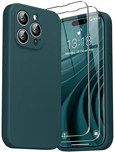 GOODVISH 3 in 1 Designed for iPhone 14 Pro Max 6.7 Liquid Silicone Case 2022, with 2 Pack Screen Protector, [Enhanced Camera 360° Full Protection] Shockproof Anti-Scratch Slim Phone Cover, Dark Green