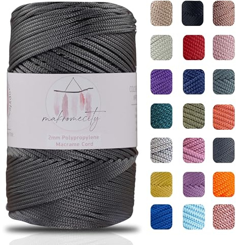 Makromecity, Polyester-Makramee-Schnur, 2 mm x 228,6 m, Anthrazit, für Makramee, Kunst und Handwerk, für Wandbehänge, Taschen, Unterteller, Teppich