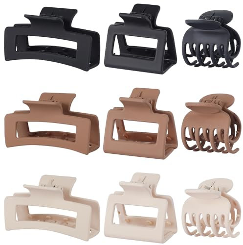 CHANDAT Juego de pinzas de pelo de garra mediana para mujer, 3 estilos, 9 clips rectangulares para cabello grueso, clips cuadrados para cabello fino, color marrón
