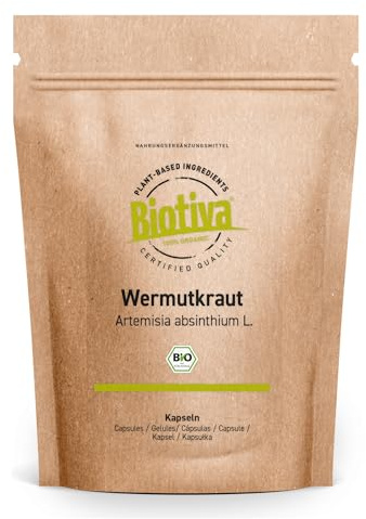 Biotiva Capsules d'absinthe bio 180 capsules - 400mg - Absinthe - Garanti sans additifs - Conditionné et contrôlé en Allemagne (DE-ÖKO-005)