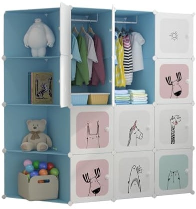 MAGIC SELECT Armario Modular Infantil, Estantería de Módulos, Ropero para Niños, Organizador Modular, Estante de Almacenamiento para Habitación, 16 Módulos, 140x105 cm, Azul