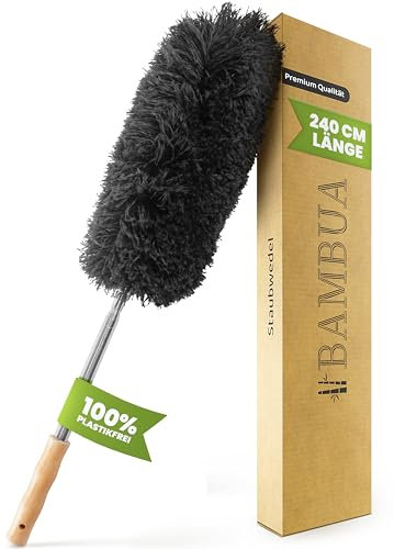 BAMBUA Staubwedel Teleskop - (100% Plastikfrei) Effektiver Staubfänger mit speziellen Mikrofaser - Bambusgriff - Hergestellt aus Moso-Bambus - Premium Staubwischer für nachhaltige Reinigung (240 cm)