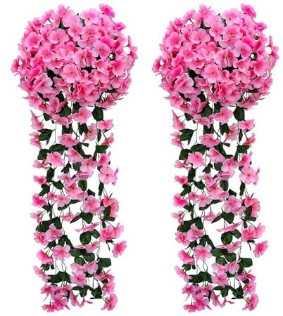 JUSTOYOU Wisteria Guirlande de fleurs artificielles à suspendre - Rose - Faux panier suspendu - Plante en soie - Décoration murale - 2 pièces - Rose