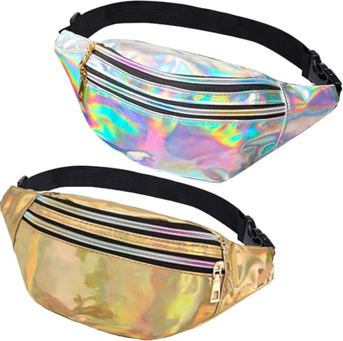 JunD 2 Stück Bauchtasche Damen Metallic, Gürteltasche Damen Holografisch, Bauchtasche Damen PU Leder, wasserdichte Reflektierende Bauchtasche, 80er & 90er Jahre Retro Bauchtasche (Roségold+Silber)