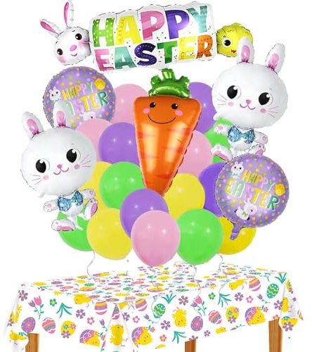 23 Stück Folienballons Ostern Set, XXL Ostern Luftballons mit Tischdecke, Hase Karotte Ostern Luftballons, Kaninchen Helium Ballons für Kinder Geburtstag Party Deko