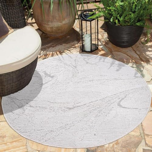 carpet city In- & Outdoor-Teppich Creme-Weiß, Grau - Wendeteppich - 120 cm Rund - Abstrakt-Meliert - Wetterbeständig für Balkon, Terrasse - Teppiche Modern Indoor Wohnzimmer, Küche