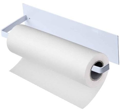 Kitchen Roll Holder Under Cabinet Stainless Steel Paper Towel Holder No Drilling Self-Adhesive Wall Mounted Paper Towel Rack for Kitchen Bathroom (White)