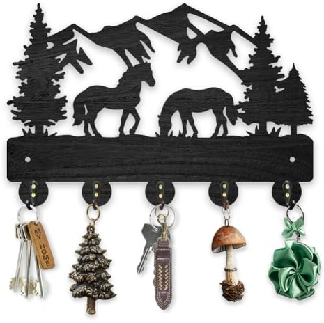 MAYJOYDIY Holz Schlüsselhalter für Wand Mit Waldpferd 30×20cm Rustikal Waldtier Berg Schlüsselaufhänger Wandmontage Schlüssel Organizer mit 5 Metallhaken Für Geschenk Flur Küche Haustür