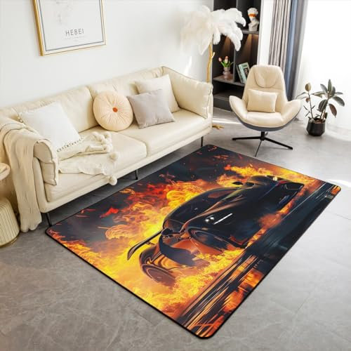 Homewish Feuer Rennen Auto Teppich Geschwindigkeit Sport Auto Bereich Teppich 100Bx150L,Extreme Sport Spiele Cool Rennauto Nicht Verschütten Teppich Kinder Jungen Dekorative Teppich