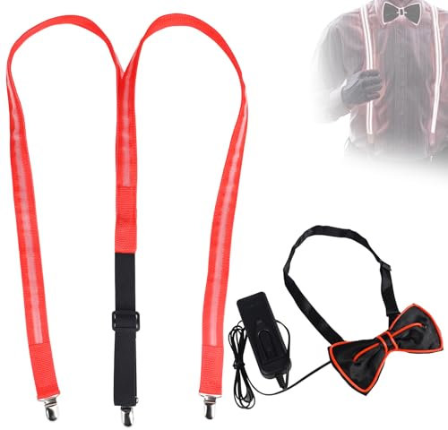 CPROSP 2tlg LED Hosenträger Herren mit Fliege Rot, Herren-LED-Hosenträger Leuchtende Adjustable, 3 Modes für Musik Festival, Halloween-Kostümparty, Weihnachtsgeschenke, Rave-Party