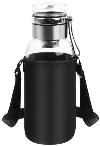 Amexo Bouteille d'eau 1 Litre, Transparente Bouteille d'eau en Verre Borosilicate avec Sac de Bouteille d'eau, Bouteille avec Filtrant Acier Inox, Gourde de Camping Randonnée sans BPA