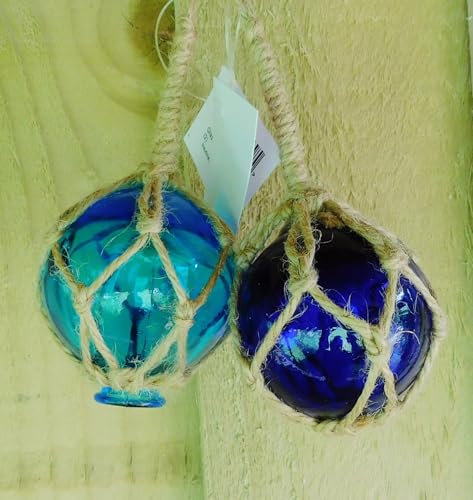 Two Nautical Glass Float Buoys 2/5cm Dia With Rope Hangers x 2 Turquoise & Blue | 15215B