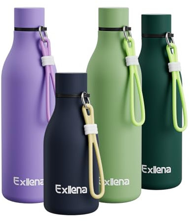 Exllena Silicone Strap Double Wall Vacuum Metal Bottle Keeps Drinks Cold 24 Hrs, Hot 12 Hrs - 350ml for Handbag, BPA Free (Navy Blue)