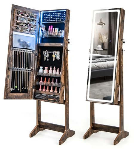 COSTWAY Armoire à Bijoux avec Miroir sur Pieds, Grand Miroir Psyché Sans Cadre avec Éclairage LED 3 Couleurs, Organisateur de Bijoux avec 3 Angles Ajustables, Placard Beauté, Serrure (Marron Rustique)