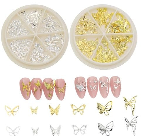 3D Butterfly Nail Charms,2 Boxes Gold Silver Butterfly Nail Gems,Metal Alloy Hollow Butterflies Nail Art Decoration Supplies for Women Girls Manicure Design DIY Crafts