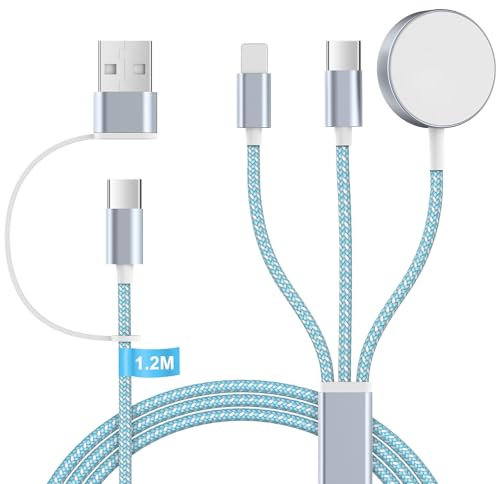 Ladekabel für Apple Watch und iphone Ladegerät - 3 in 2 Charging Kabel Ladestation für iWatch Serien, 120cm USB C SchnellLadekabel für iPhone 15/14/13/12/11/iPad/AirPods, (Blau)