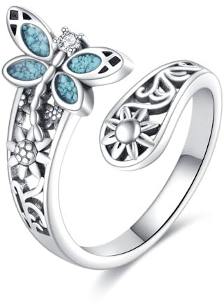 VONALA S925 Sterling Silber Türkis Dragonfly Löffel Ring Vintage Sonnenblumen Western Juwelen für Frauen Daumen Ring Dragonfly Schmuck Geschenke für sie