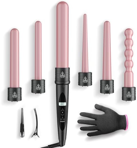 NWOUIIAY Rizador de Pelo 6 en 1 Profesional Temperatura Ajustable Pantalla LCD y Barras Intercambiables con Revestimiento Cerámico Calentamiento Rápido, Ideal para Todo Tipo de Cabello